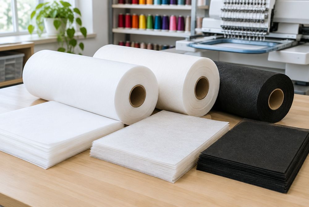 Rolls and sheets of white and black embroidery backing