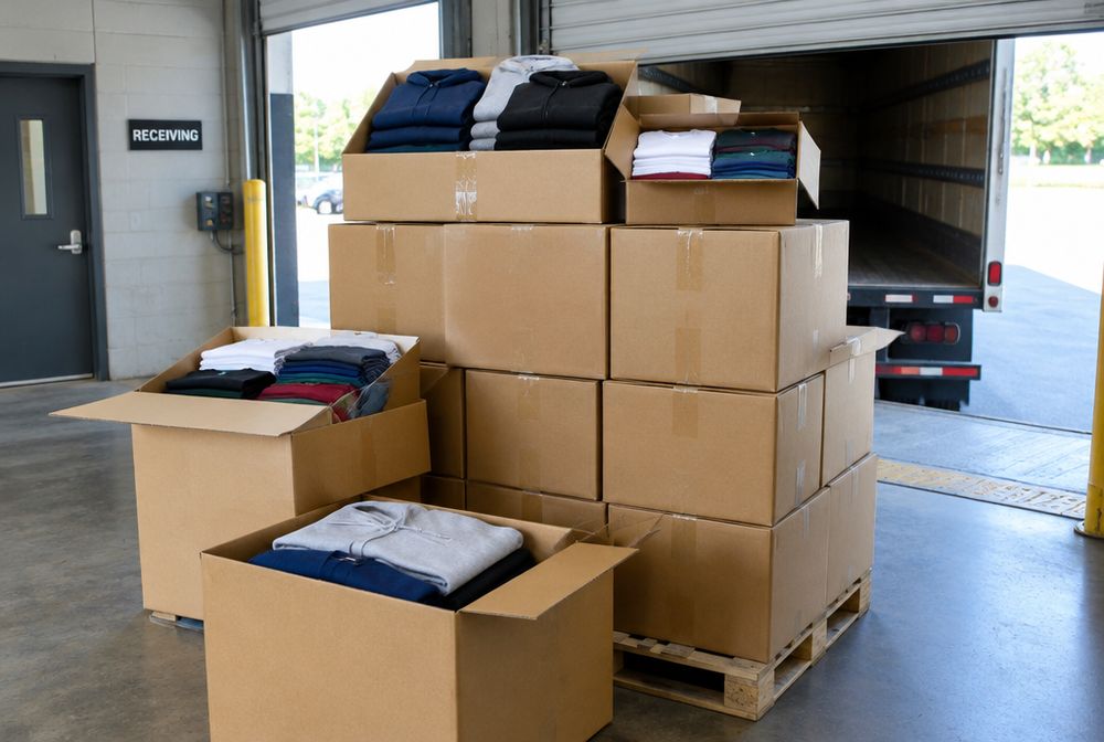 Cartons of blank shirts and hoodies at the receiving dock
