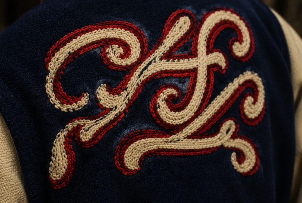 Chain stitch script on the back of a varsity jacket