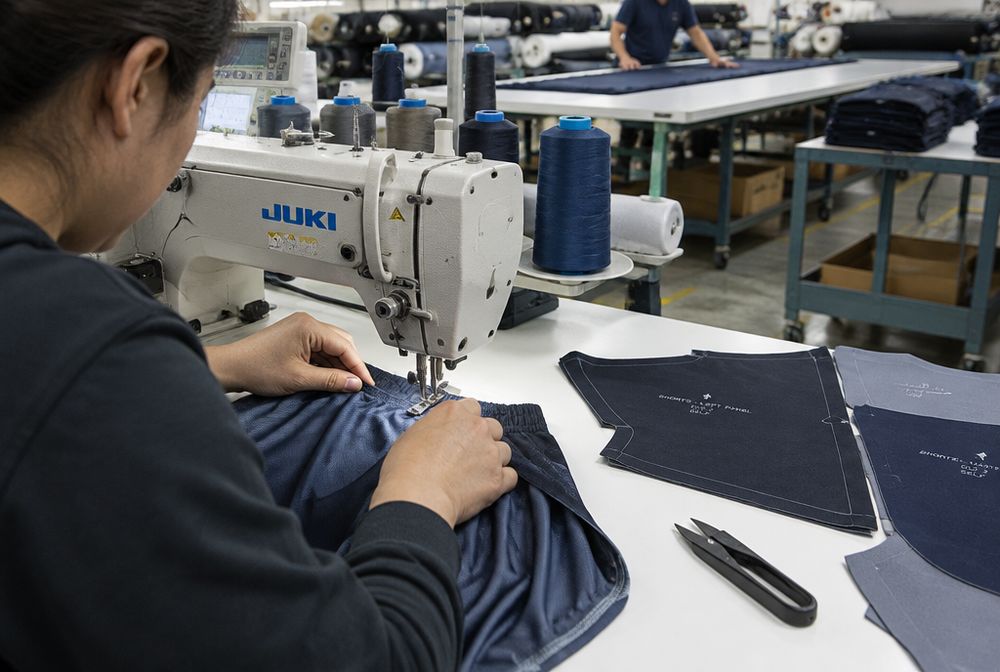 Operator sewing an athletic shorts panel