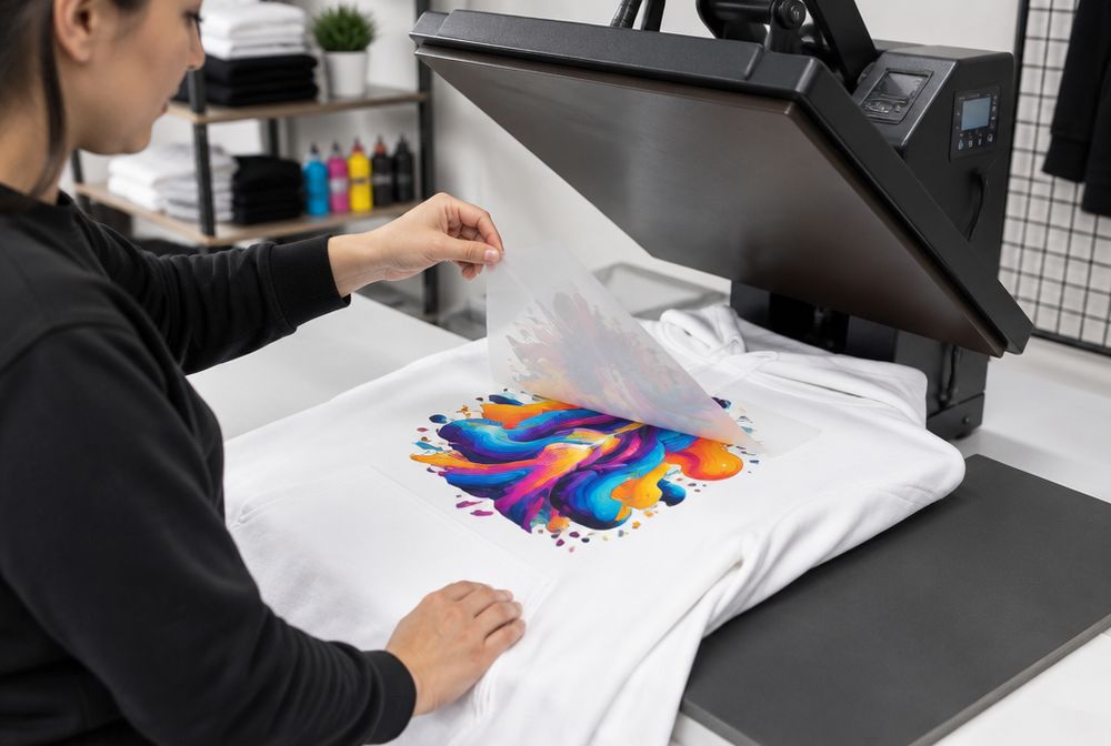 Peeling a DTF transfer film off a hoodie on a heat press