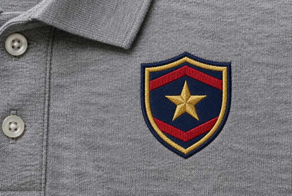Flat embroidered shield emblem on a gray polo
