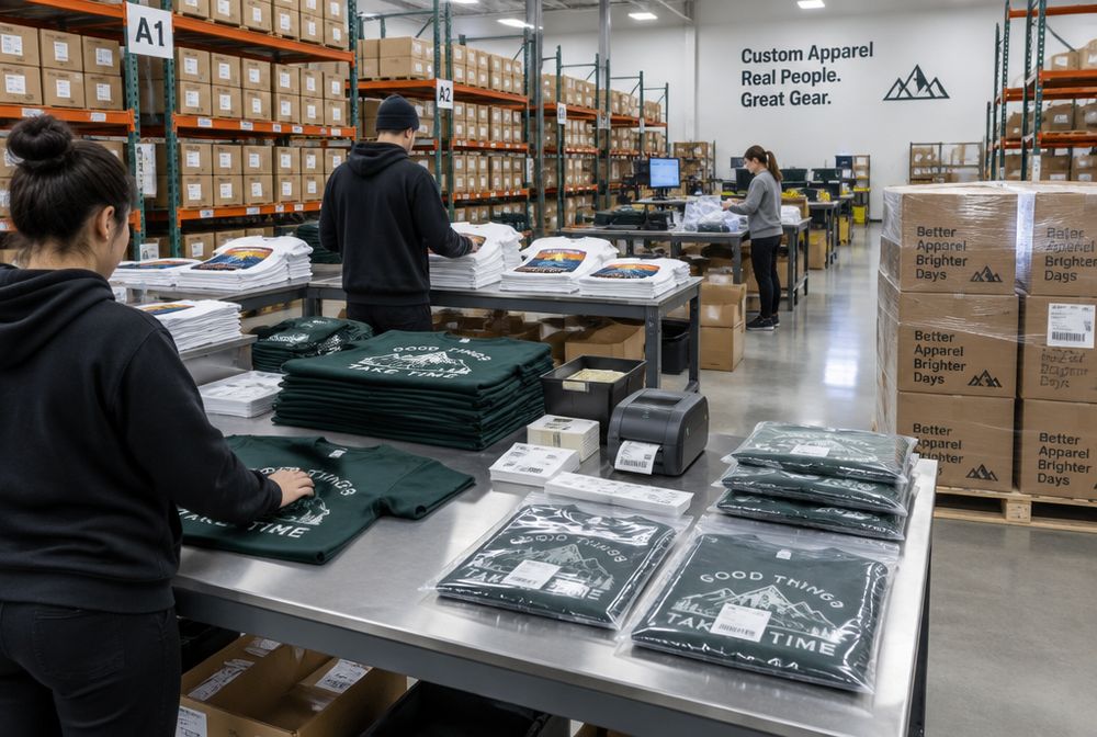 Workers folding and polybagging shirts in a fulfillment warehouse