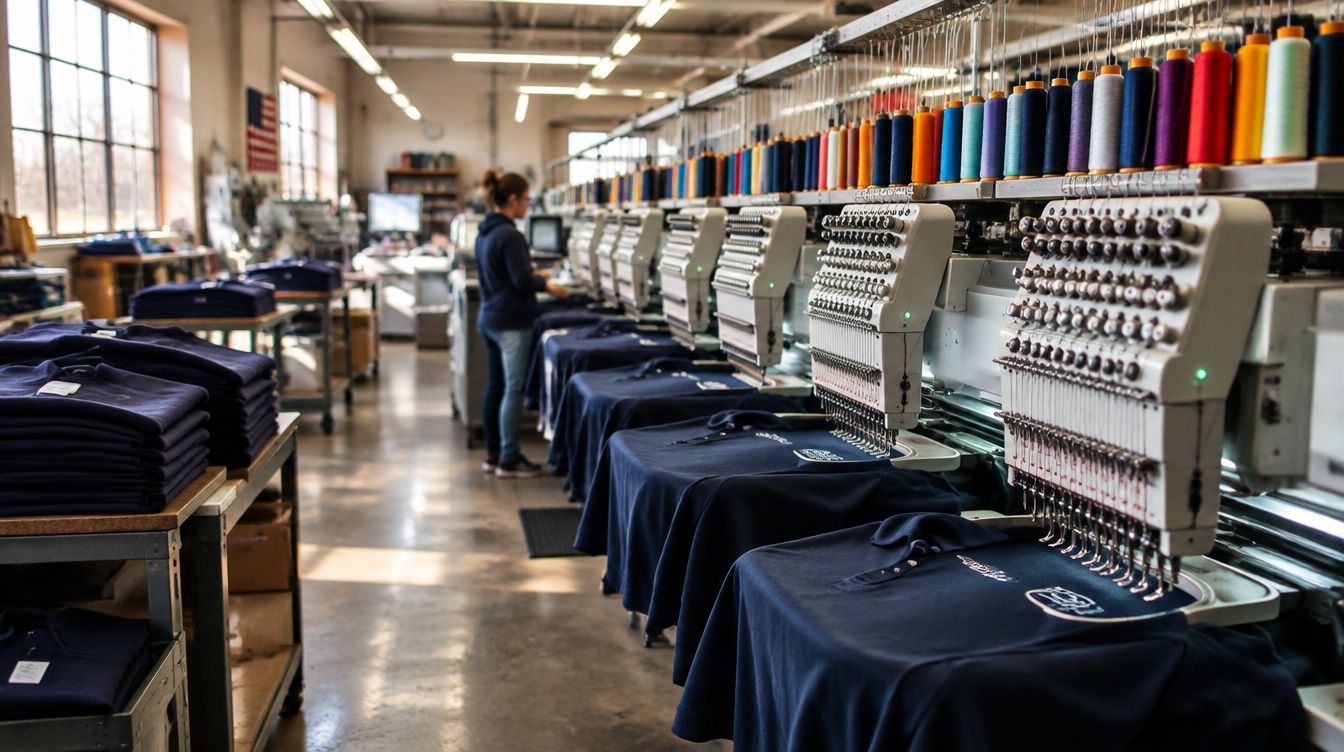 Rows of multi-head embroidery machines stitching navy polos on the Graphix Junction production floor