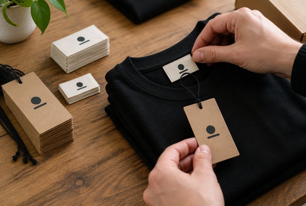 Hand applying a woven label and hang tag to a black tee