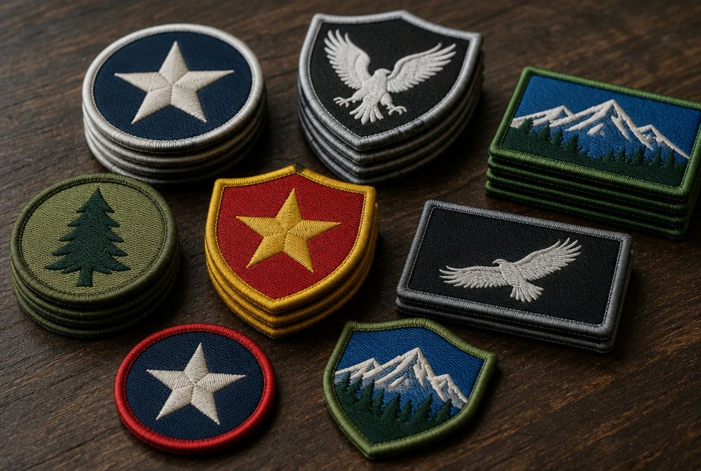 Assorted embroidered patches with merrowed borders