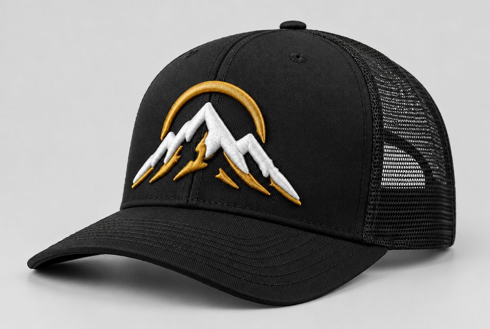 Black trucker hat with raised 3D puff mountain emblem