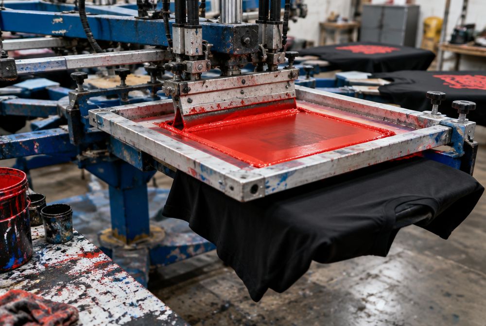 Automatic screen printing press printing red ink on black shirts