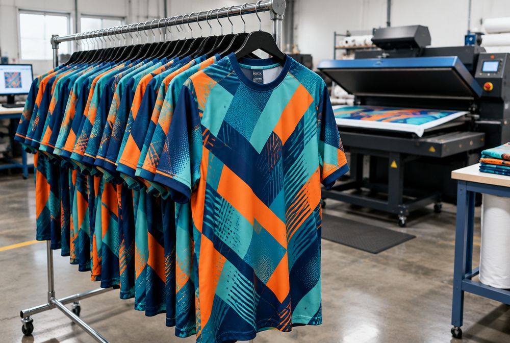 Rack of sublimated jerseys beside a large heat press